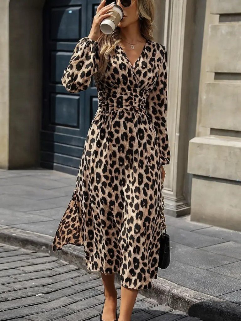 Women's Long Sleeve Wrap V-Neck Fitted Waist Midi Modal Leopard Print Dress
