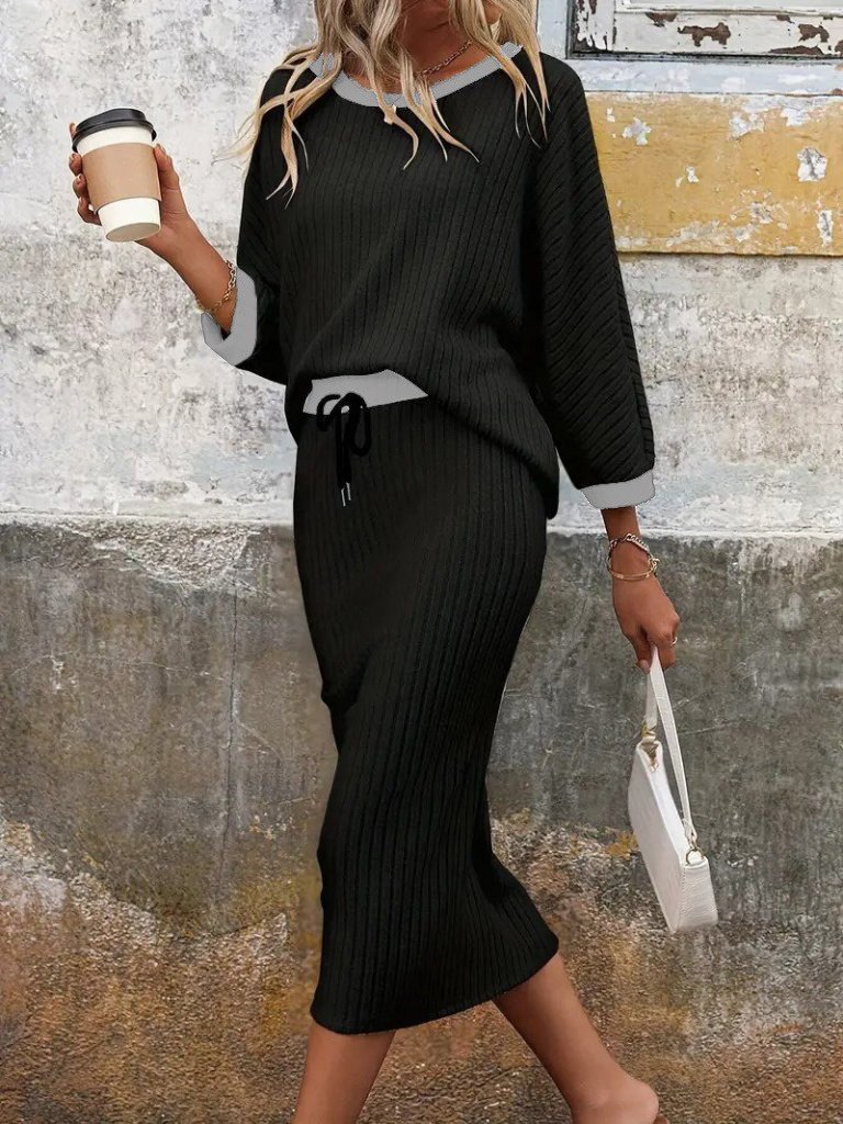 Women's Long-Sleeved Open-Neck Brushed Kaşkorse Blouse and Lace-Up Skirt Two-Piece Set