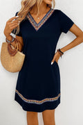 Women's Short Sleeve V-Neck Viscose Dress with Ethnic Pattern Stripe Detail