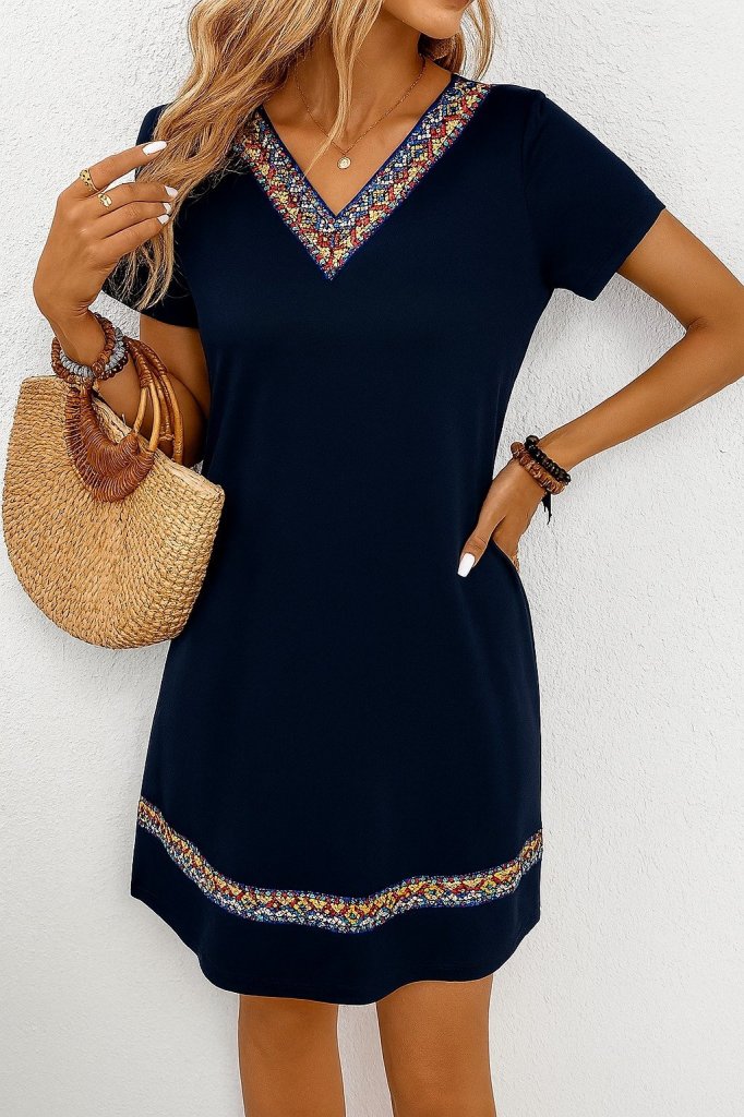 Women's Short Sleeve V-Neck Viscose Dress with Ethnic Pattern Stripe Detail