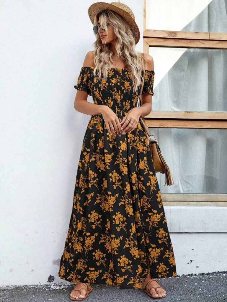 Women's Short Sleeve Madonna Neck Floral Slit Supima Dress