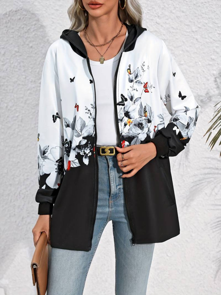 Women's Long Sleeve Hooded Zippered Floral-Butterfly Patterned Brushed Scuba Jacket