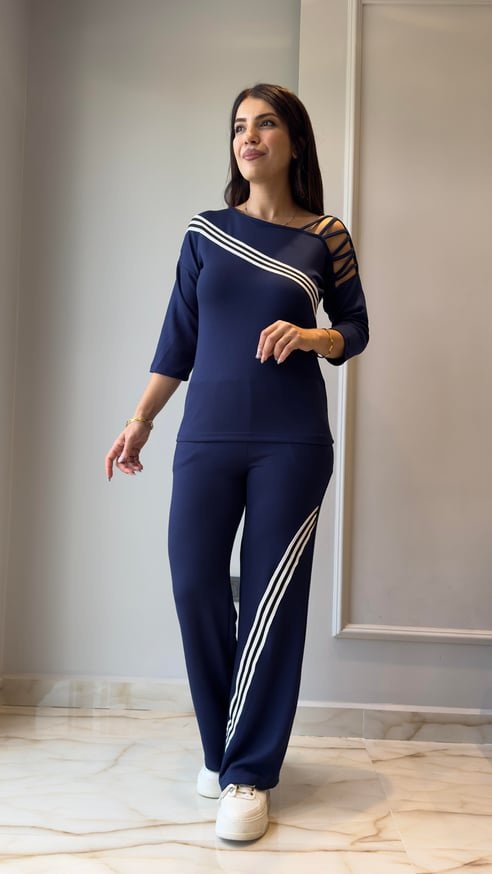 Women's Long Sleeve Three-Quarter Sleeve One-Shoulder Cross-Strap Ribbed Viscose Two-Yarn Blouse and Pants Set