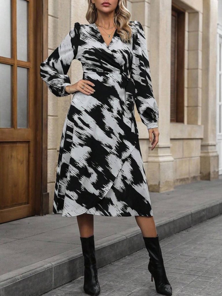 Women's Long Sleeve Wrap V-Neck Side Tie Patterned Mini Modal Dress