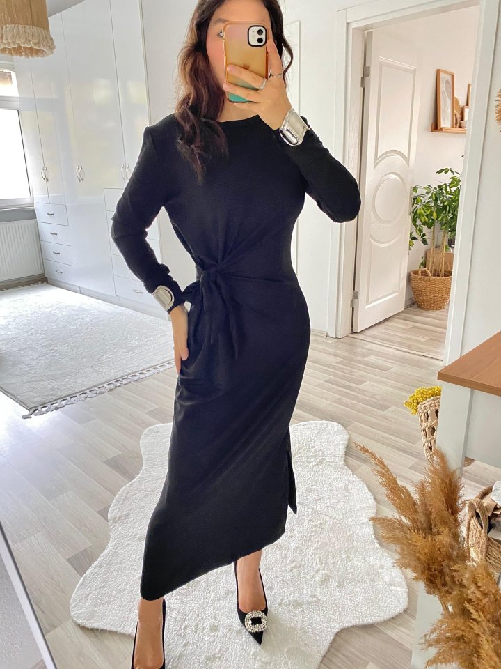 Women's Long Sleeve Crew Neck Cross-Tie Waist Side Slit Long Viscose Two-Thread Dress