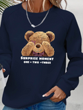 Women's Long Sleeve Crew Neck Teddy Bear Print Viscose Double-Threaded Blouse