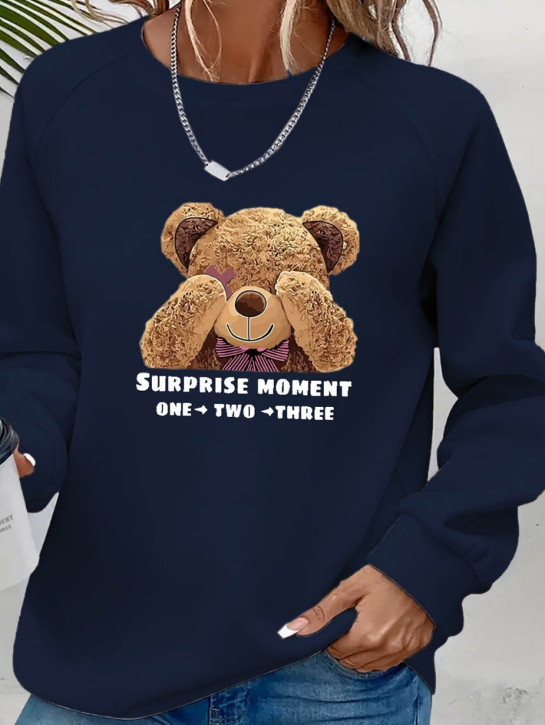 Women's Long Sleeve Crew Neck Teddy Bear Print Viscose Double-Threaded Blouse