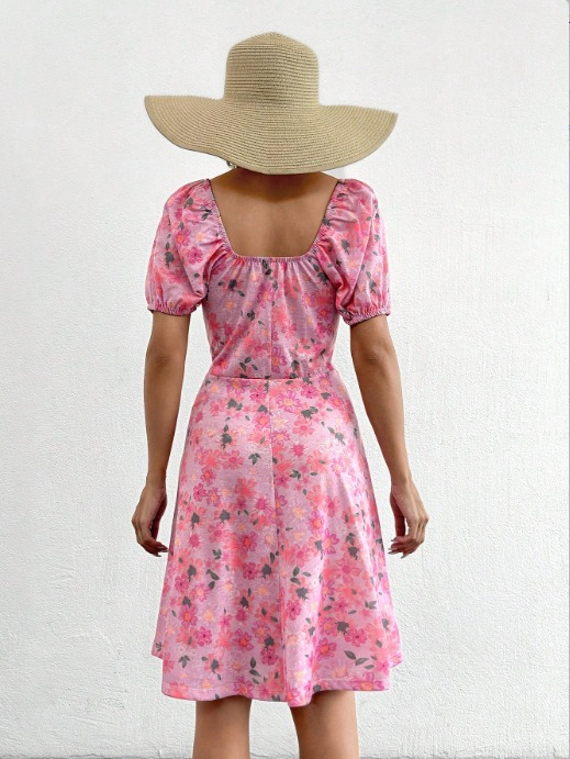 Women's Short-Sleeve Mini Floral Print Lace Detail Interlock Knit Midi Dress