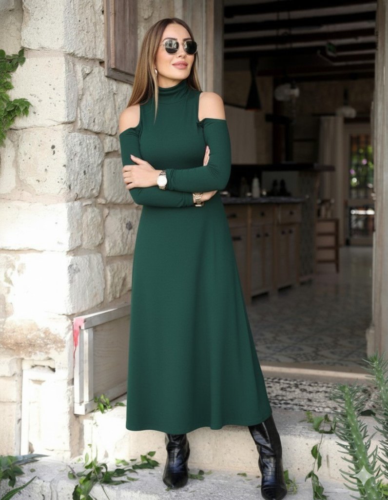 Kadın Balıkçı Yaka Omuzlardan Açık Uzun Kollu Janjan Krep Elbise