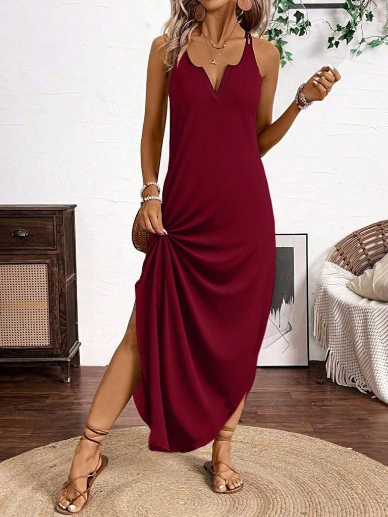Women's Viscose Round Neck Asymmetrical Detail Strap Dress