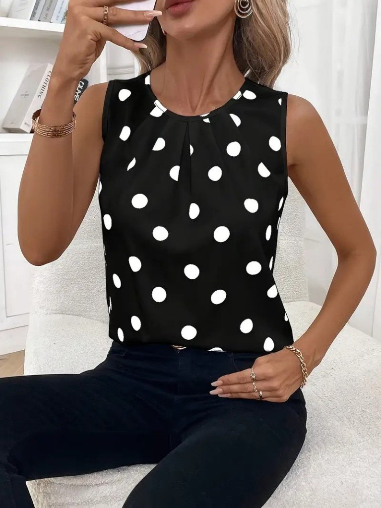 Women's Sleeveless Ruched Collar Polka Dot Satin Blouse