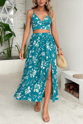 Women's Thin Strap Floral Print Crop Top Slit Skirt Two-Piece Knit Set