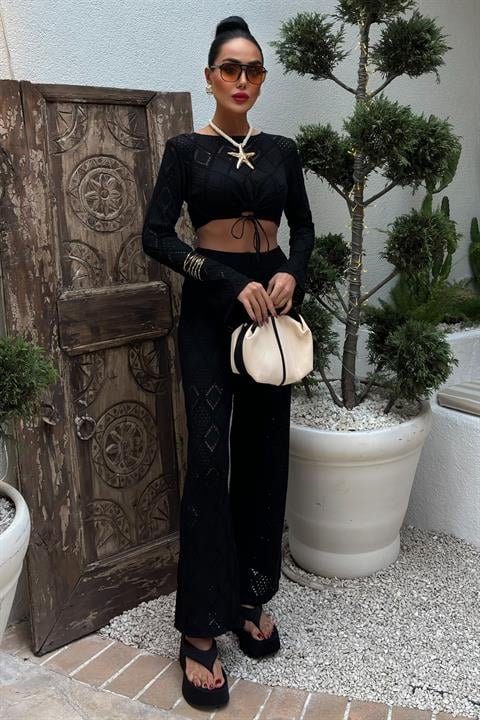 Eyelet Lace-Up Bodice Blouse and Pants Set 10098