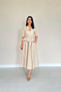 Beige Thin Belted Ruffled Jacket and Shirred Skirt Set