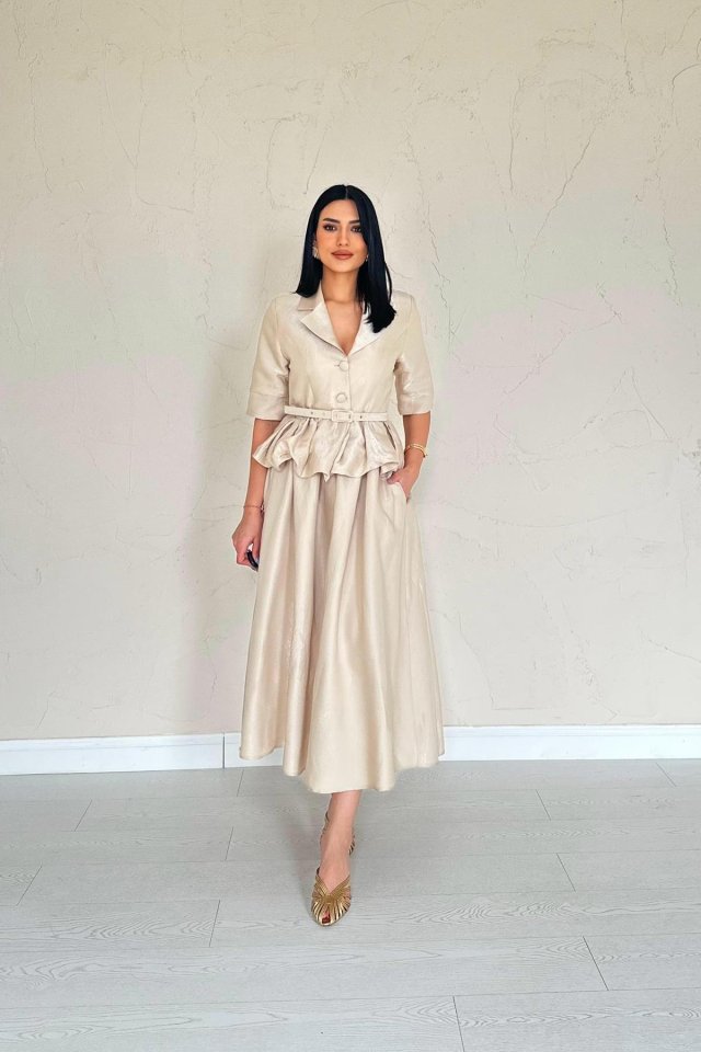 Beige Thin Belted Ruffled Jacket and Shirred Skirt Set