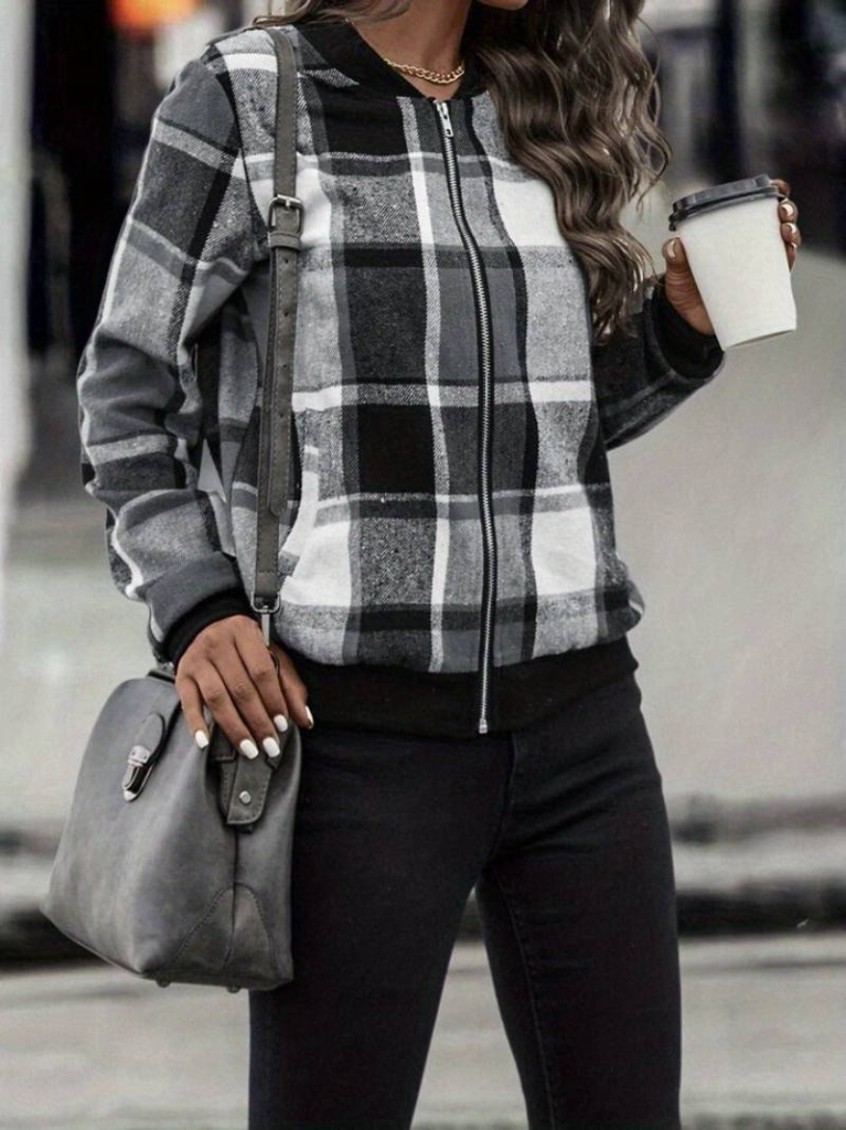 Women's Long Sleeve Front Zipper Plaid Pattern Jacket