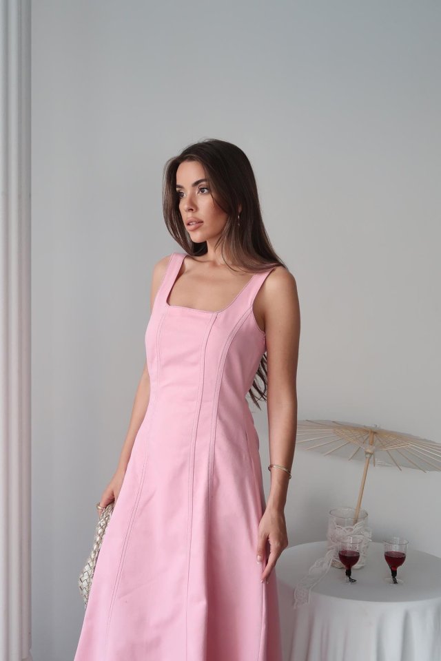 Pembe Çift Dikişli Gabardin Elbise