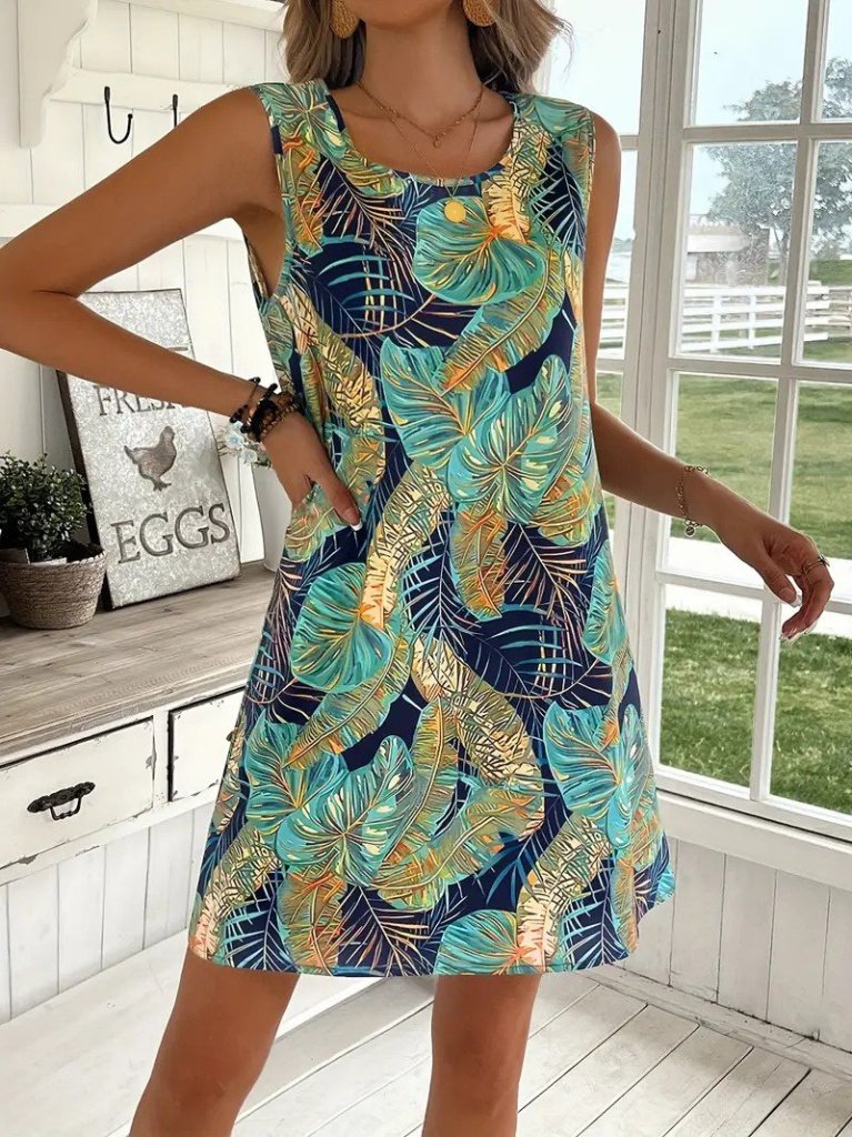 Women's Sleeveless Round Neck Patterned Knit Dress
