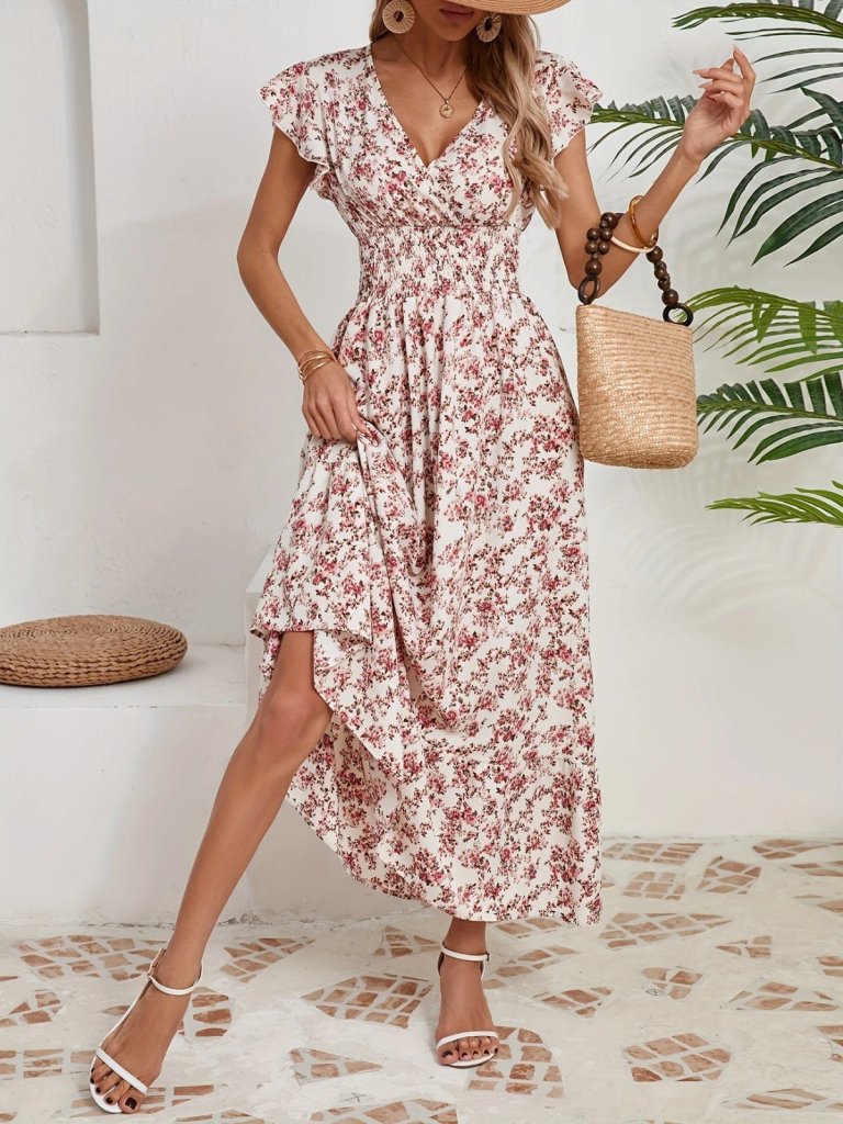 Women's Short Sleeve Wrap V-neck Elastic Waist Floral Dress