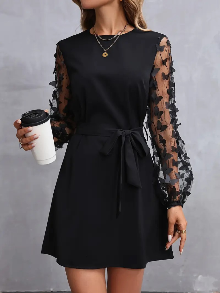 Women's Long Sleeve Crew Neck Tulle Butterfly Detail Imported Crepe Dress