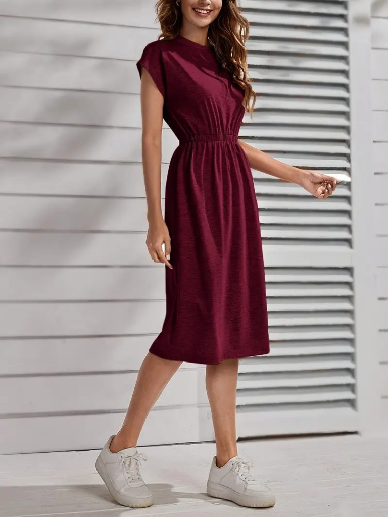 Women's Short Sleeve Crew Neck Elastic Waist Midi Viscose Dress