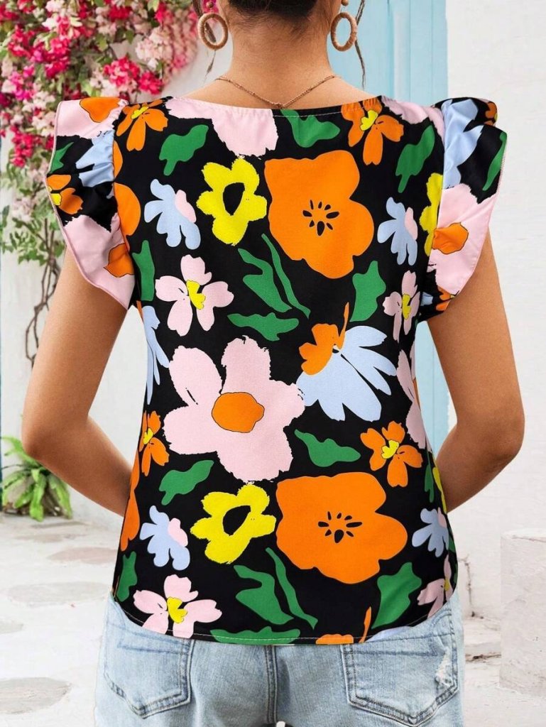 Women's Short Ruffle Sleeve Square Neck Floral Print Imported Linen Blouse