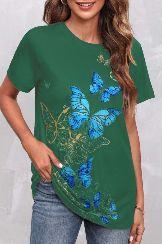 Women's Short Sleeve Blue Yellow Butterfly Print Supreme Blouse