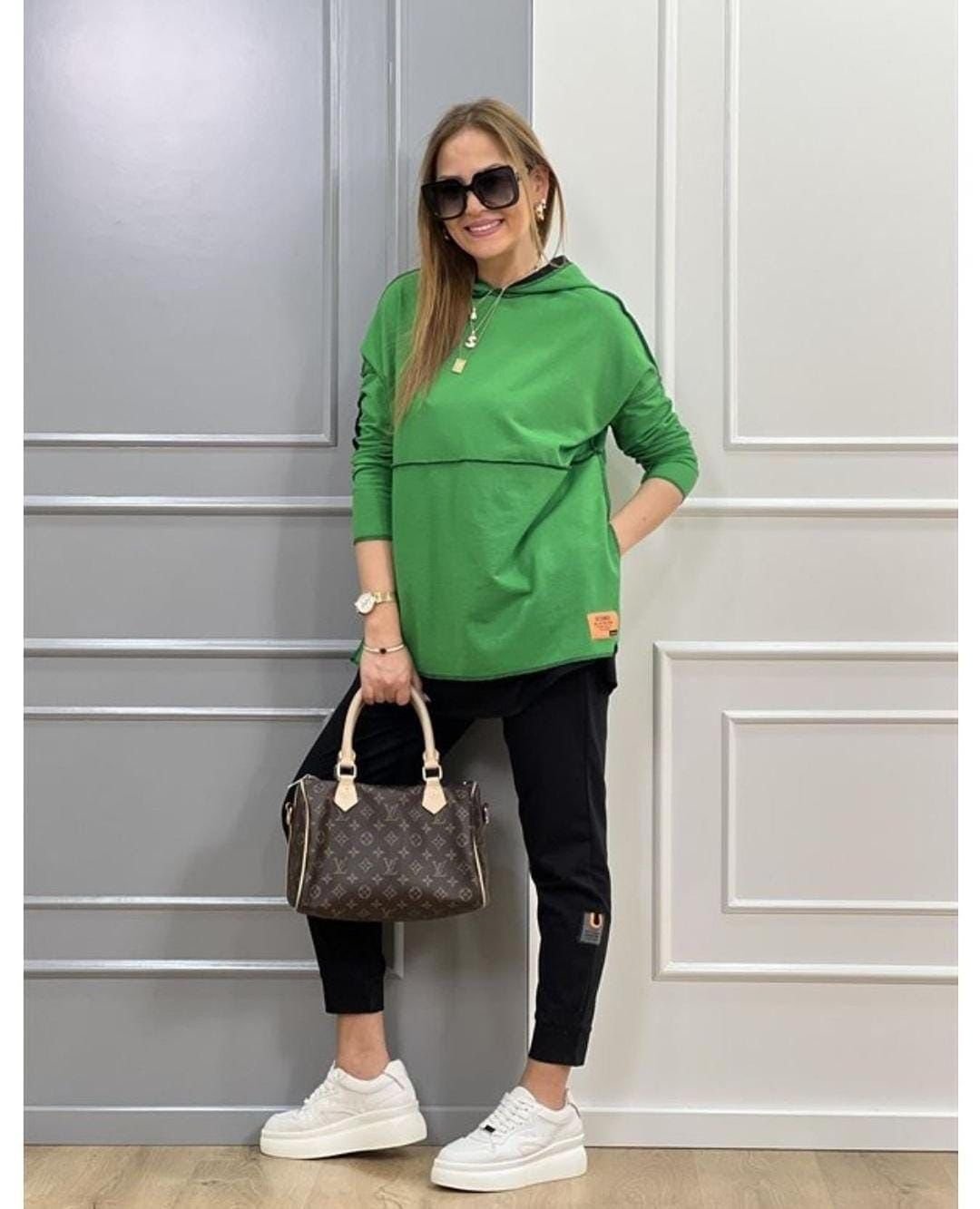 Women's Green Hooded Skirt Hem Detail Patch Two-Piece Set with Reverse Stitching Look