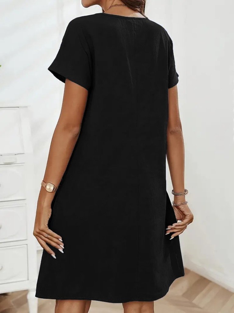 Women's Short Sleeve Open Collar Zipper Pocket Detail Imported Linen Dress