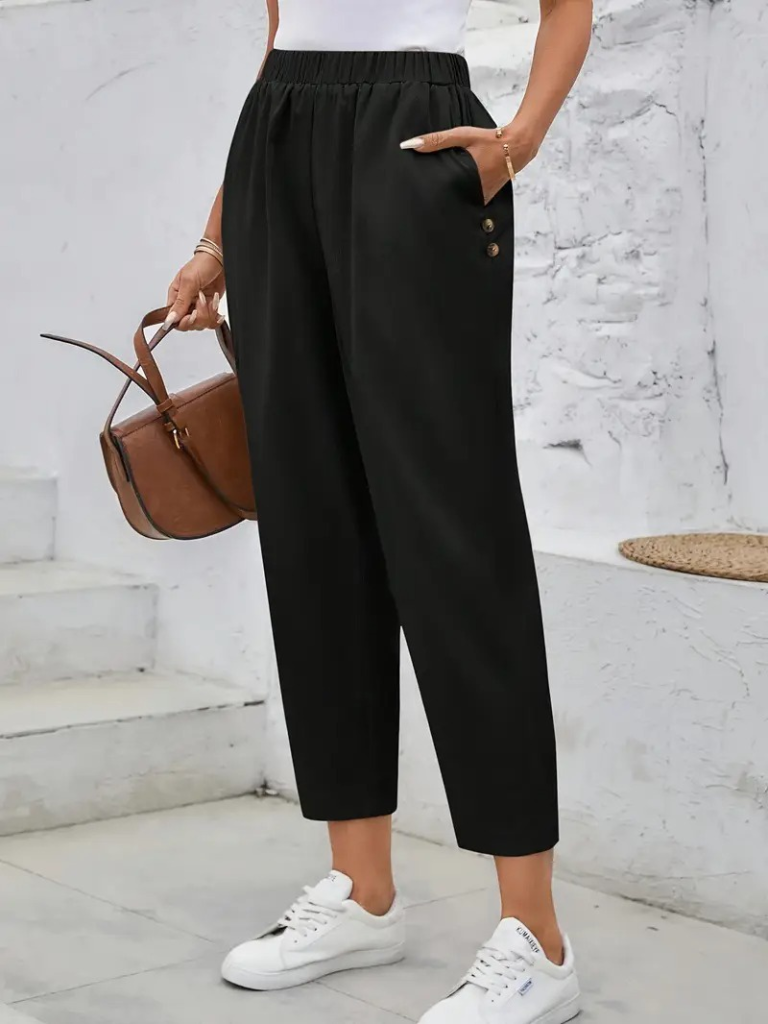 Women's High Waisted Wide Leg Imported Crepe Trousers with Side Pockets and Button Detail