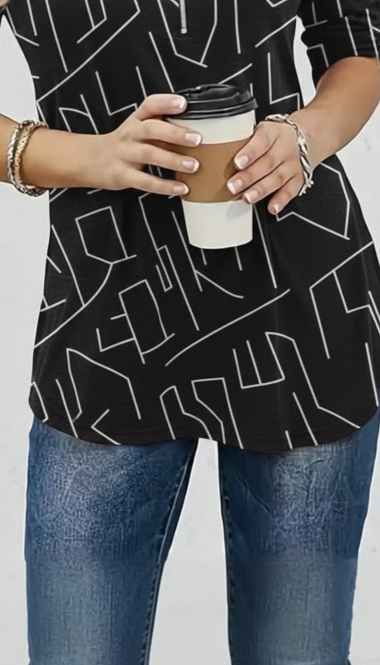 Women's Long-Sleeved Stand-Up Collar Quarter-Zip Geometric Print Supima Blouse