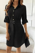 Women's Long Sleeve Collared Button-Front Belted Mini Imported Linen Dress