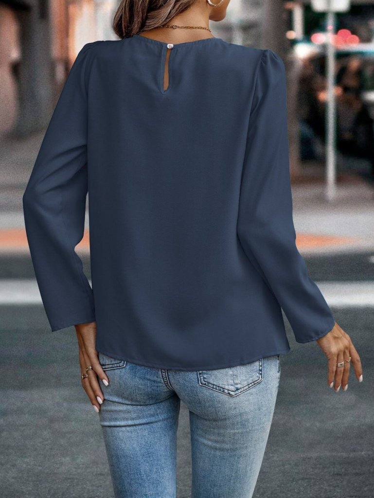 Women's Long Sleeve Round Neck Pleated Front Imported Crepe Blouse