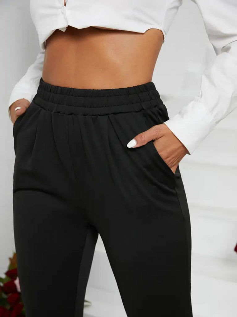 Women's Pleat Detail Elastic Waist Everyday Slim Fit Viscose Double Thread Trousers