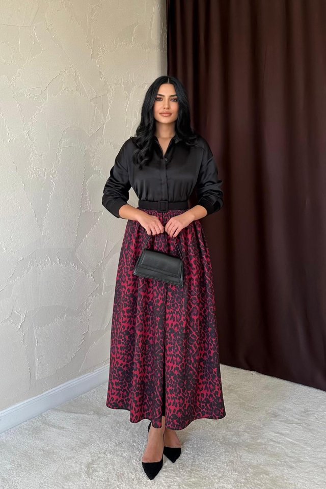 Bordo Leopar Büzgülü Uzun Etek