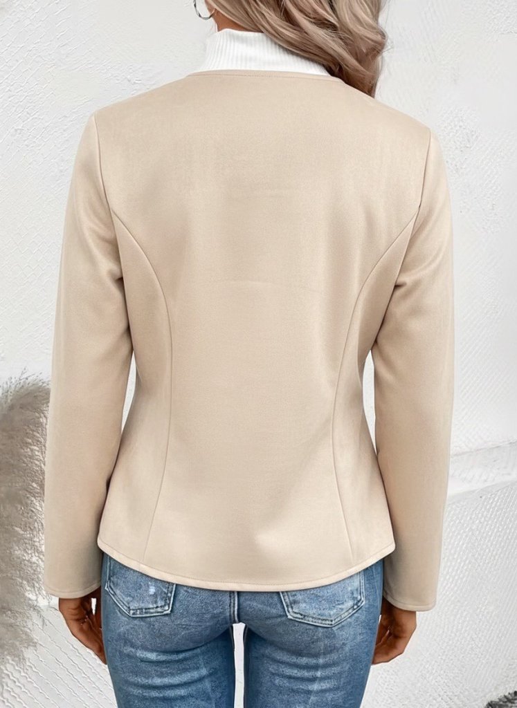 Women's Long Sleeve Round Neck Front Zip Suede Jacket