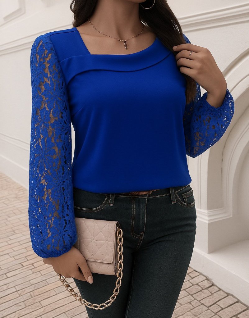 Women's Long Sleeve Asymmetric Neckline Lace Imported Crepe Blouse