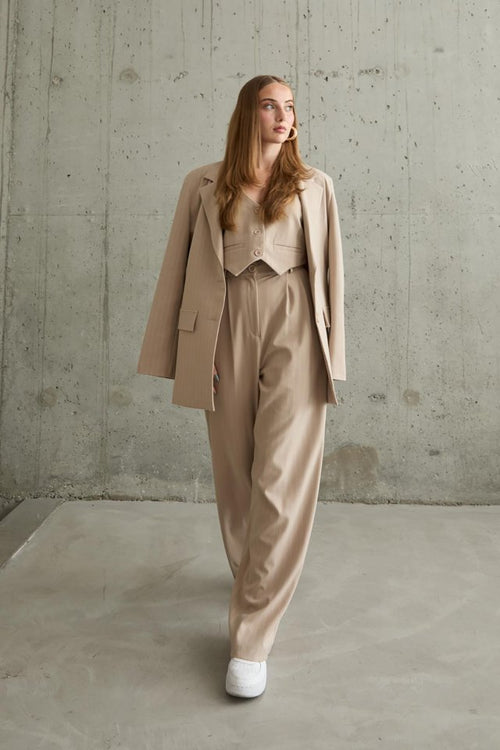 Beige Striped Jacket - Vest and Pants Set