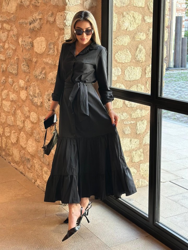Women's Long Sleeve Ruffle Skirt Belted Tricot Full Length Shirt Dress