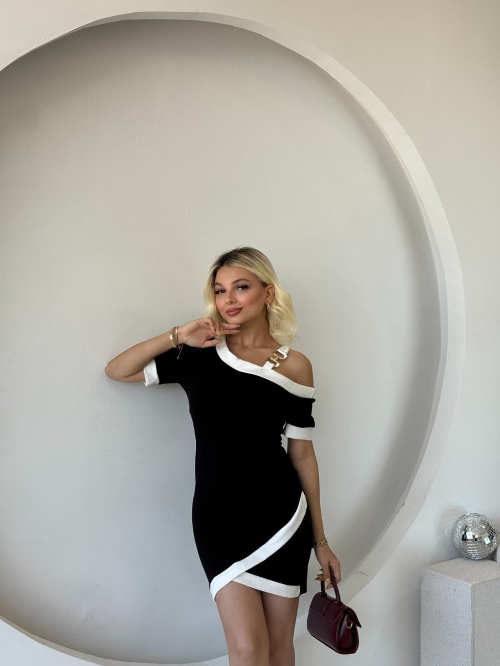 Women's Short Sleeve Asymmetric Cut Neckline, Strip, and Accessory Detailed Modal Dress