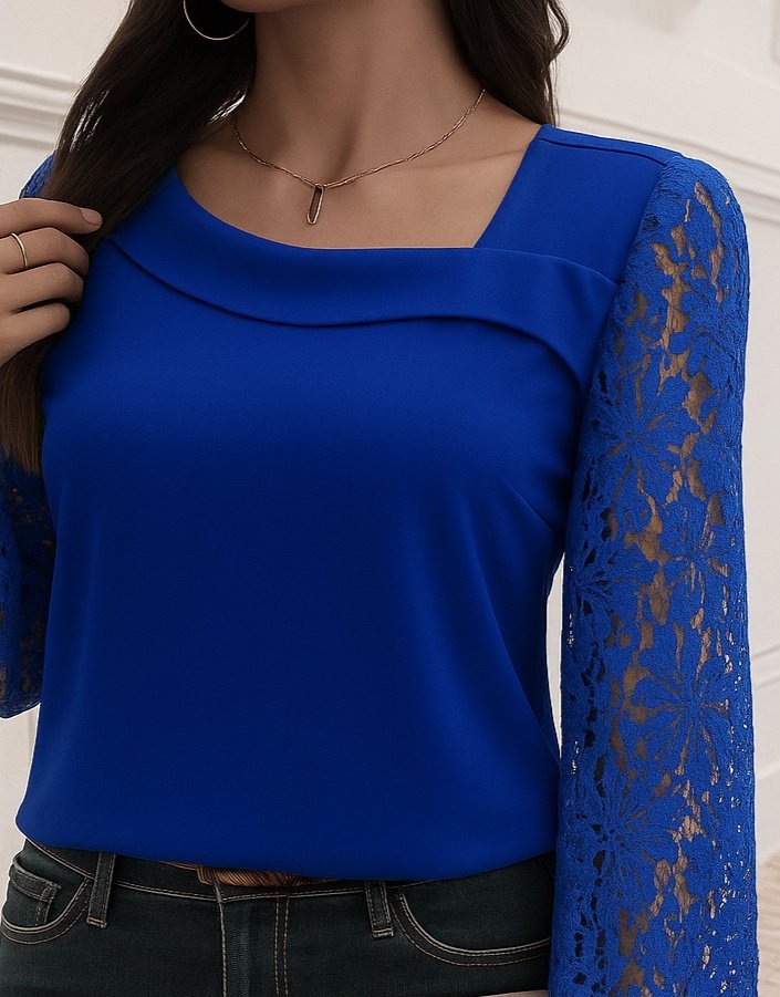 Women's Long Sleeve Asymmetric Neckline Lace Imported Crepe Blouse