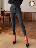 Women's High Waisted Button-Front Pocketed Slim Fit Detailed Denim Jeans