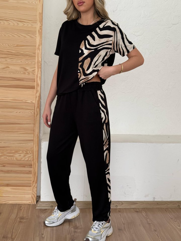 Women's Crew Neck Short Sleeve Leopard Print Blouse and Pants Two-Piece Set