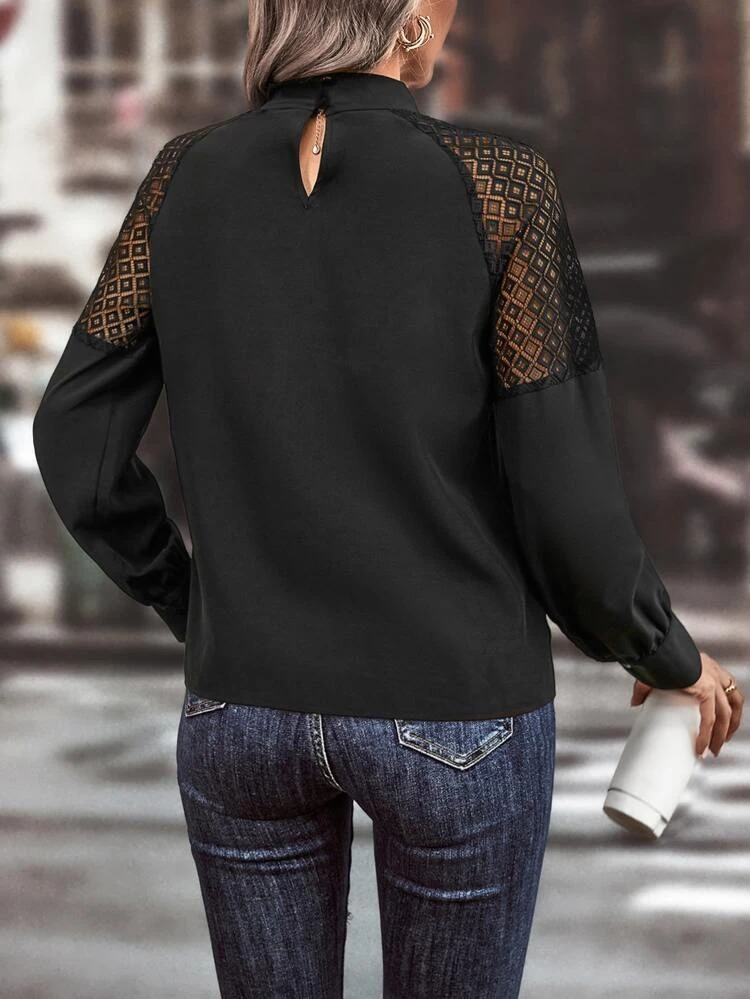 Women's Long Sleeve Keyhole Neck Raglan Sleeve Lace Detail Imported Crepe Blouse