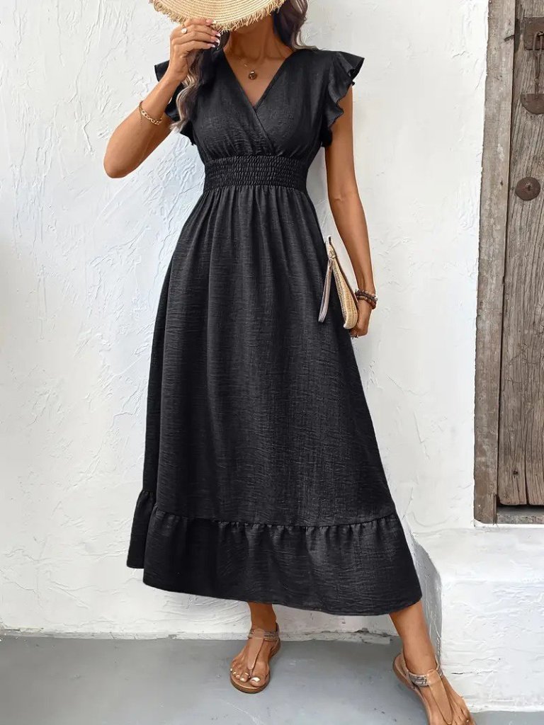 Women's Short Butterfly Sleeve Wrap Neck Elastic Waist Aerobin Dress