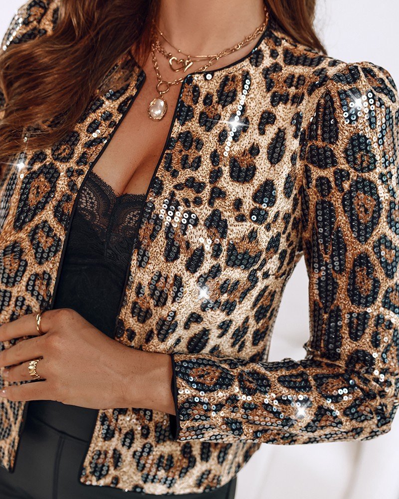 Women's Long Sleeve Open Front Sequin Detail Leopard Print Short Jacket
