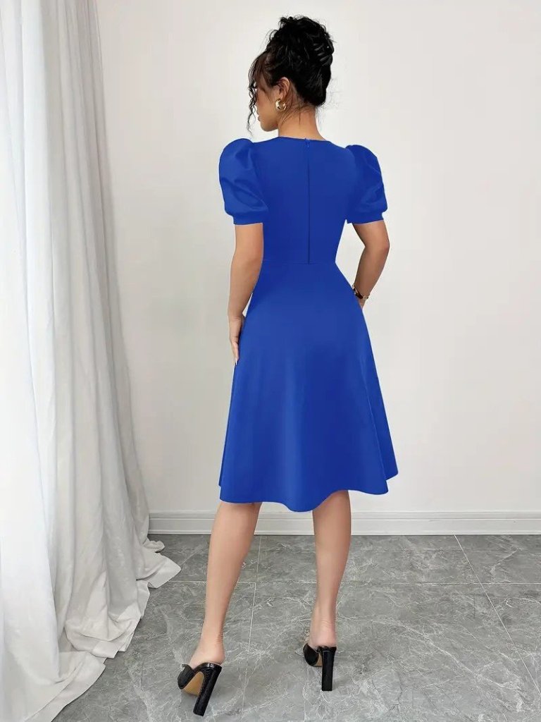 Women's Short Sleeve Crew Neck Button-Front Imported Crepe Dress