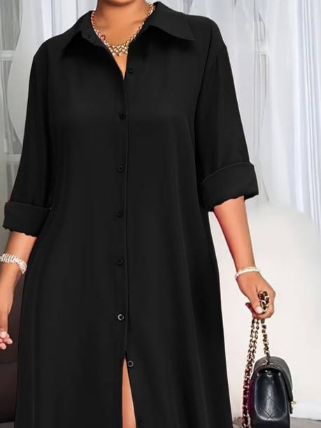 Women's Long Sleeve Collared Button-Front Long Woven Dress