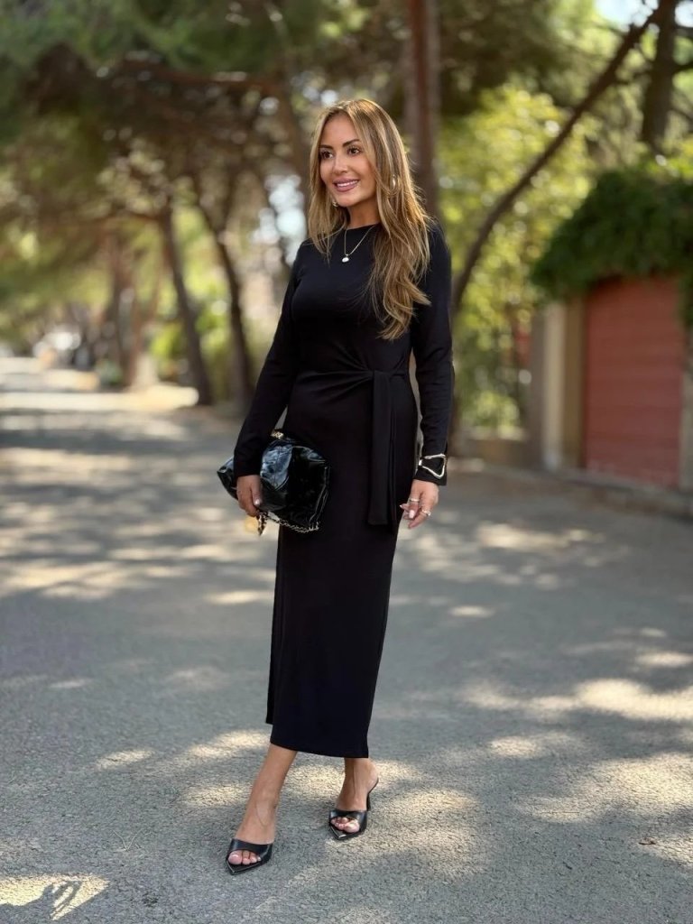 Women's Long Sleeve Crew Neck Side Tie Long Modal Dress