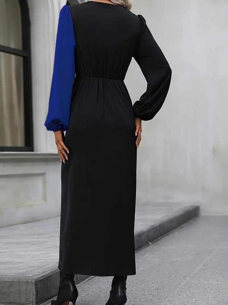 Women's Long Sleeve Crossover Neckline Crossover Waist Detail Two-Tone Imported Crepe Midi Dress